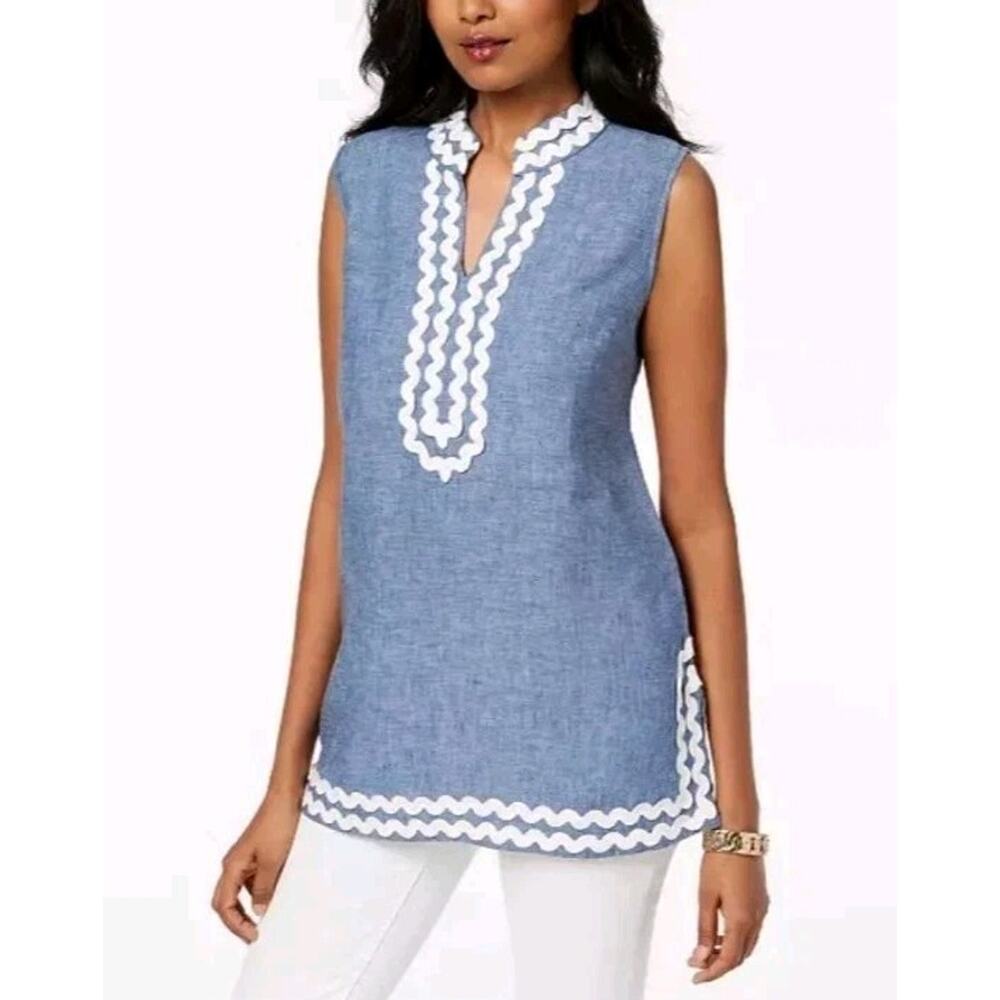 Charter Club Womens Linen Tunic Sz PS Scalloped trim Blue Coastal Beach Vacation